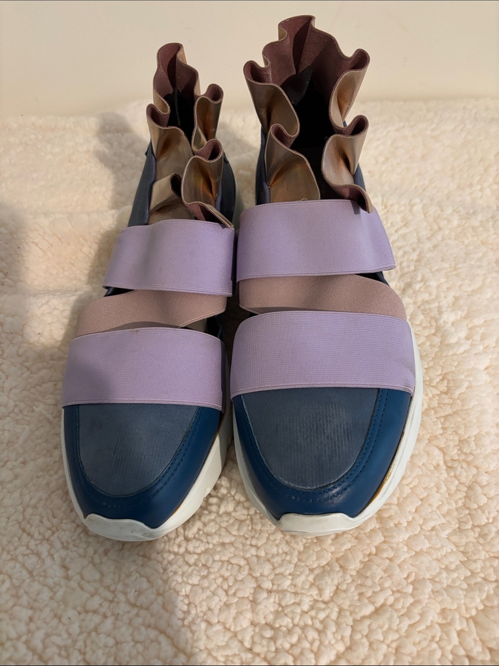 Emilio Pucci Navy, Lavender and Blush Ruffle Strap Sneakers